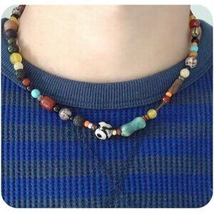 Vintage 90s Britpop Beaded Necklace for Men Women with Gemstone and Wooden Beads
